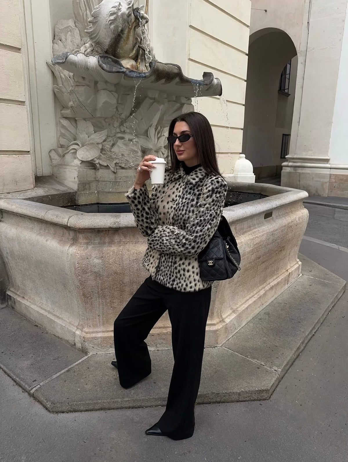 Leopard Print Lapel Faux Fur Coat