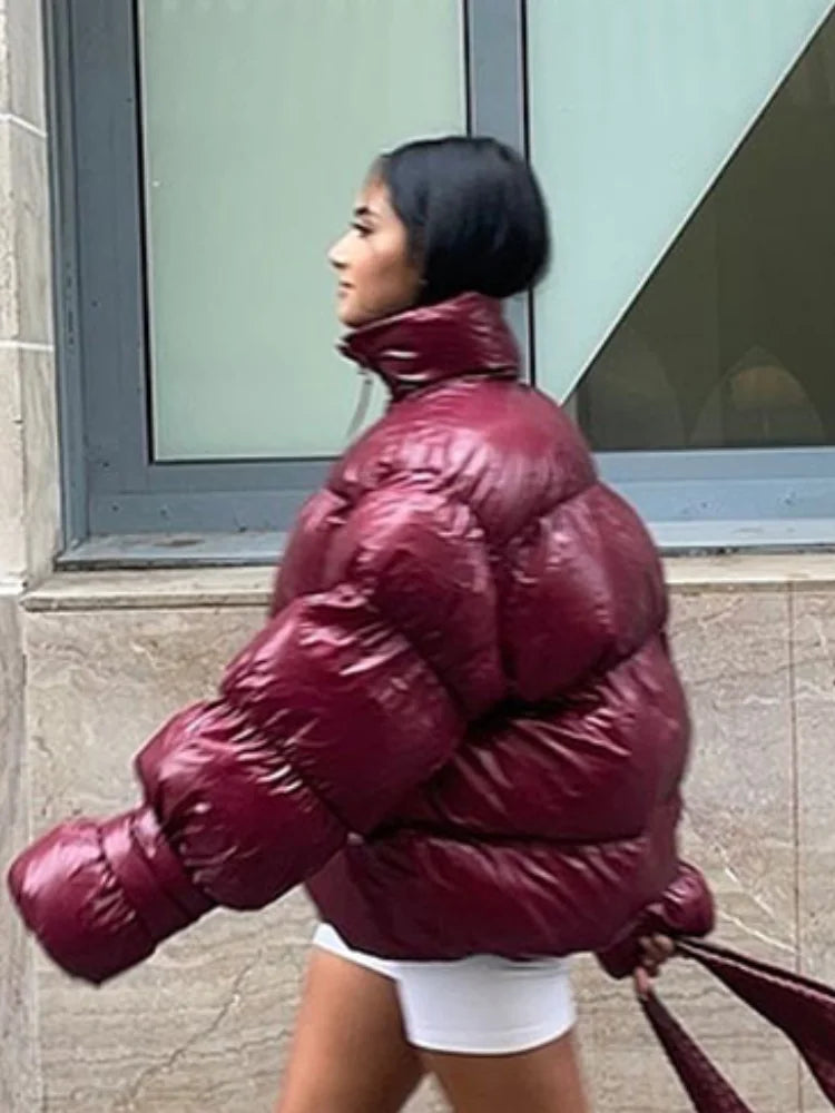 Olivia Shiny Oversized Puffer Jacket Women - Burgundy Trendy Winter Coat for Cold Days 3