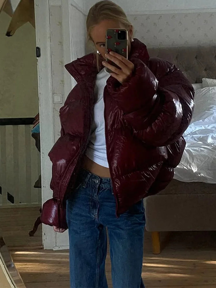 Olivia Shiny Oversized Puffer Jacket Women - Burgundy Trendy Winter Coat for Cold Days 4