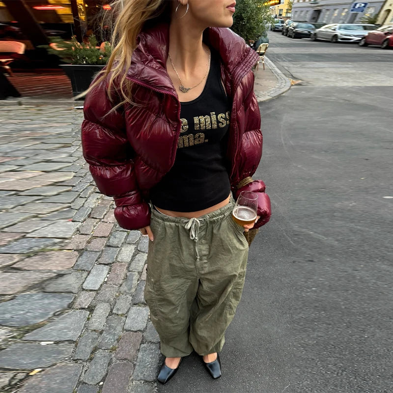 Olivia Shiny Oversized Puffer Jacket Women - Burgundy Trendy Winter Coat for Cold Days 5