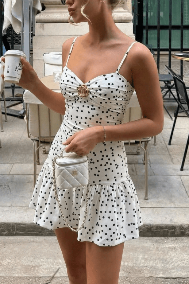 OLANE Evelyn Spaghetti Straps Polka Dot Mini Dress SWomen's Dresses
