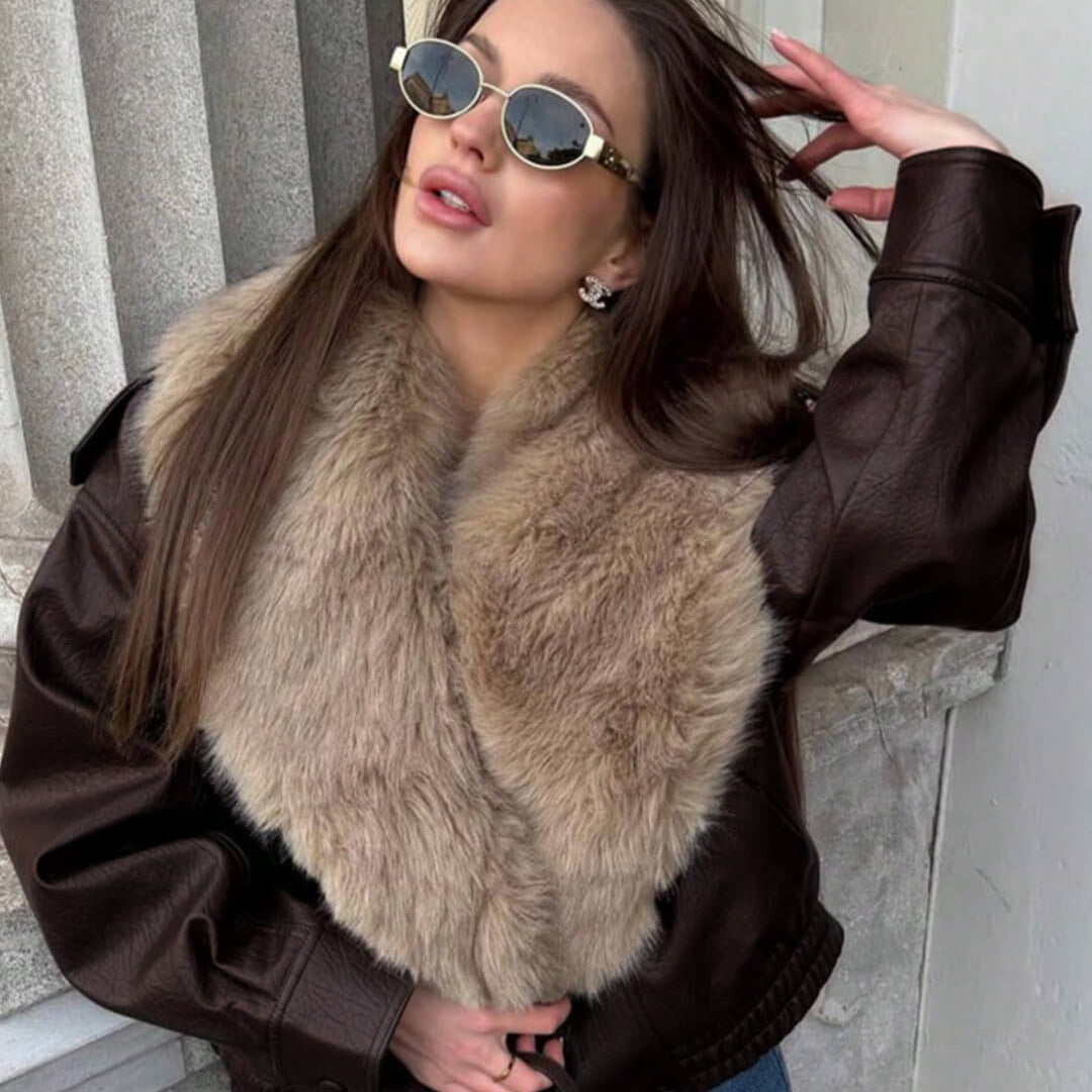 OLANE Alice Faux Leather Jacket Fur Collar BrownSWomen's Coats & Jackets