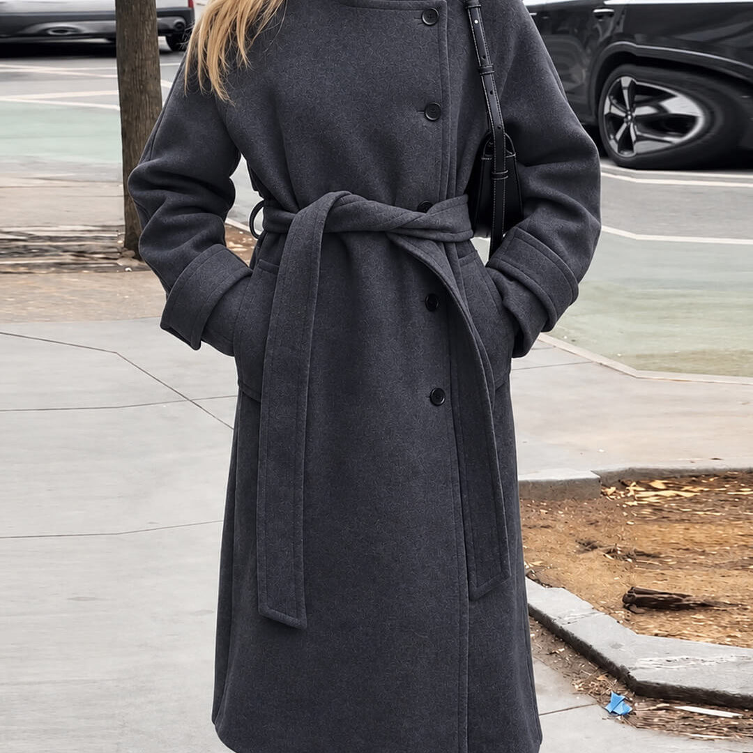 OLANE Angela Long Belted High Collar Coat GreySWomen's Coats & Jackets