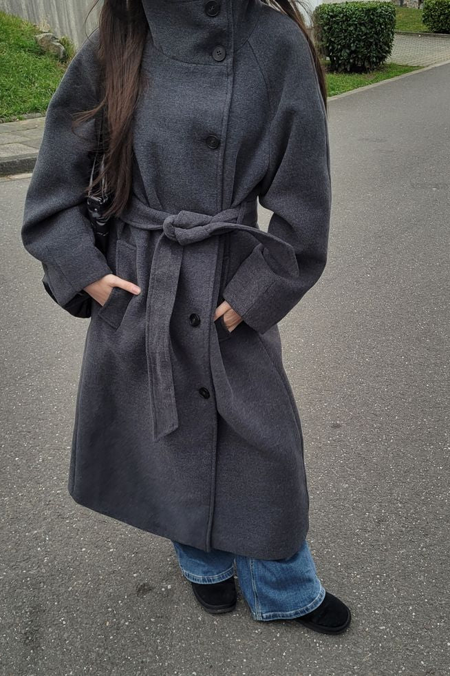 OLANE Angela Long Belted High Collar Coat GreySWomen's Coats & Jackets