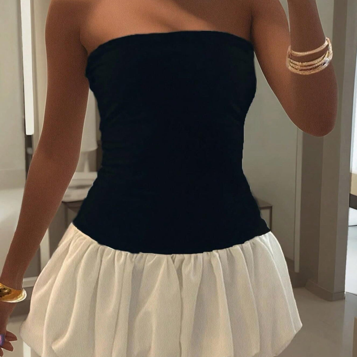 OLANE Angela Strapless Drop-Waist Bubble-Hem Dress BlackSWomen's Dresses