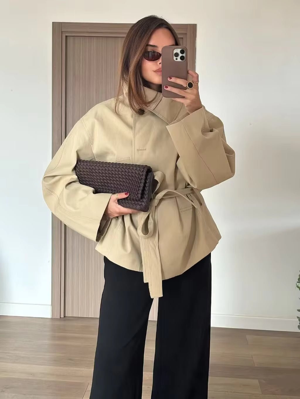 OLANE Asymmetric Button-Up Belted Trench Coat BeigeMWomen's Coats & Jackets