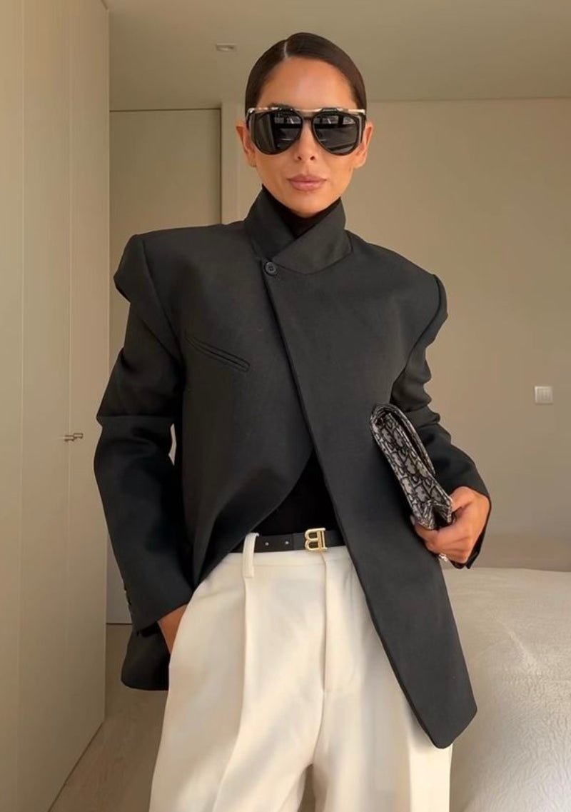 OLANE Asymmetric High Neck Blazer Coat BlackXSBlazer
