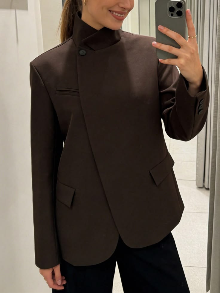 OLANE Asymmetric High Neck Blazer Coat BrownXSBlazer