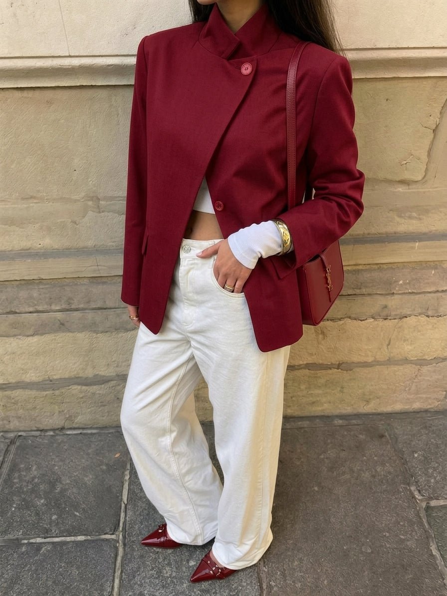 OLANE Asymmetric High Neck Blazer Coat IvoryXSBlazer
