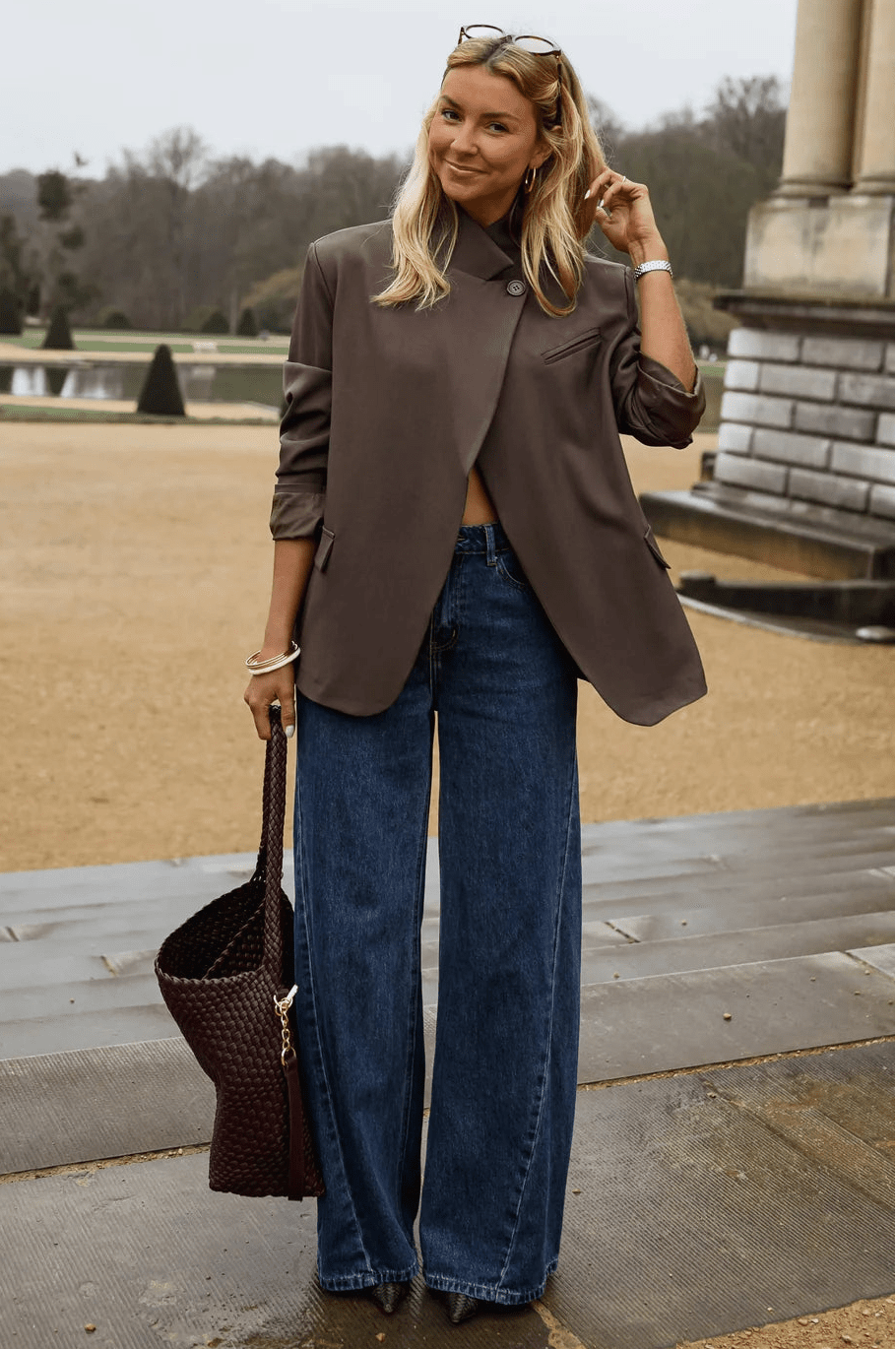 OLANE Asymmetric High Neck Blazer Coat PlaidXSBlazer