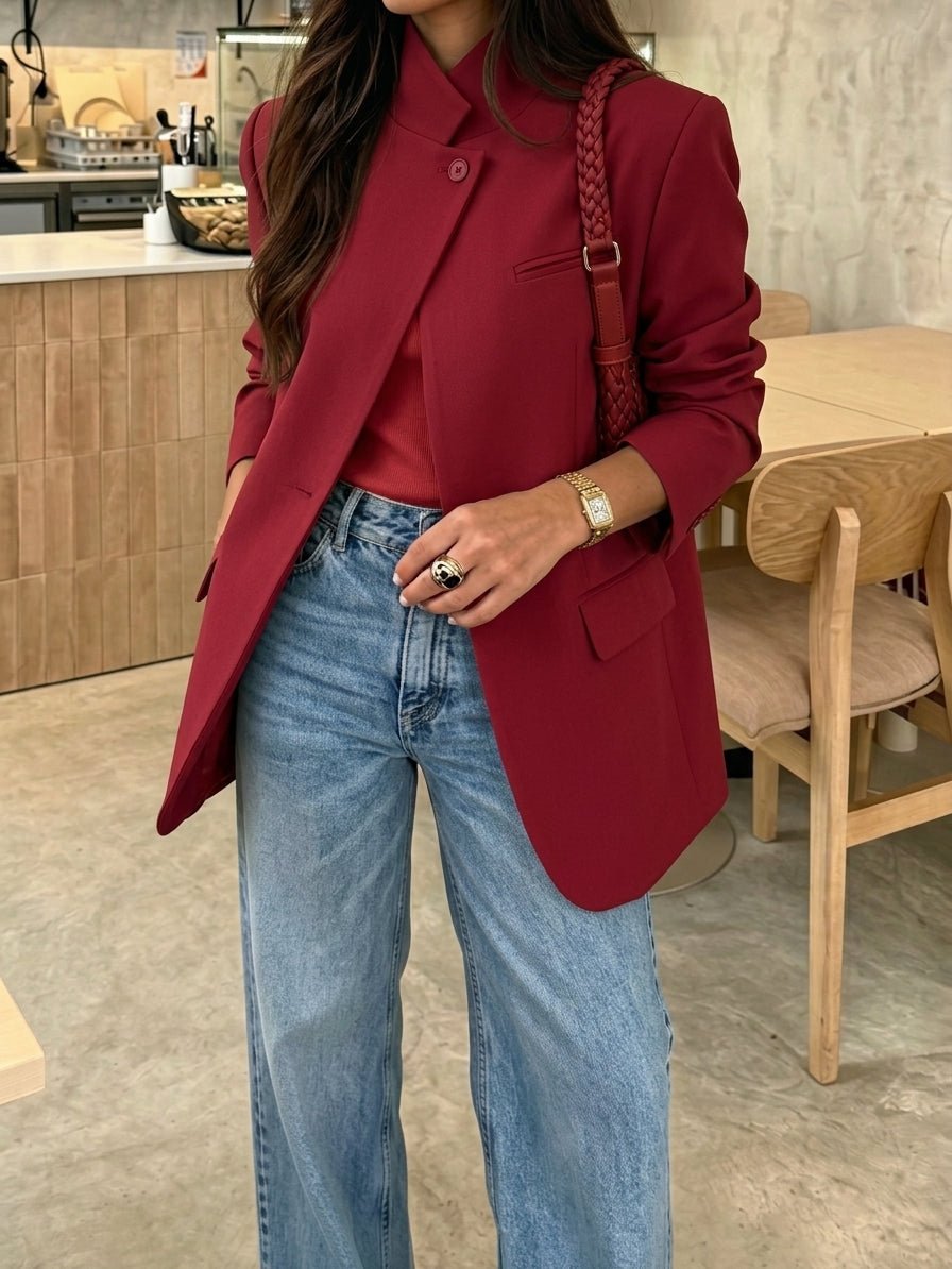 OLANE Asymmetric High Neck Blazer Coat RedXSBlazer