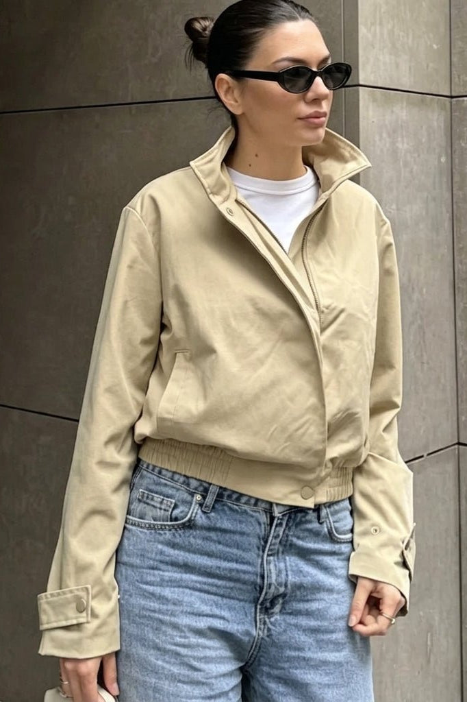 OLANE Asymmetrical Zip High Neck Jacket BeigeSWomen's Coats & Jackets