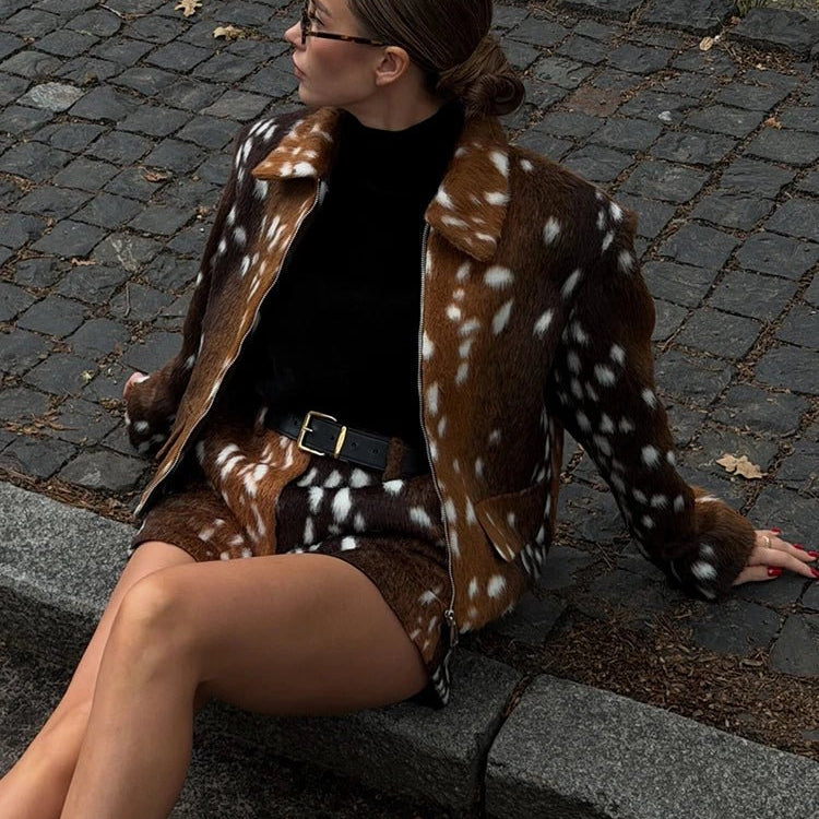 OLANE Bambi Faux Fur Jacket and Shorts Set Set (Jacket+Short)SWomen's Sets