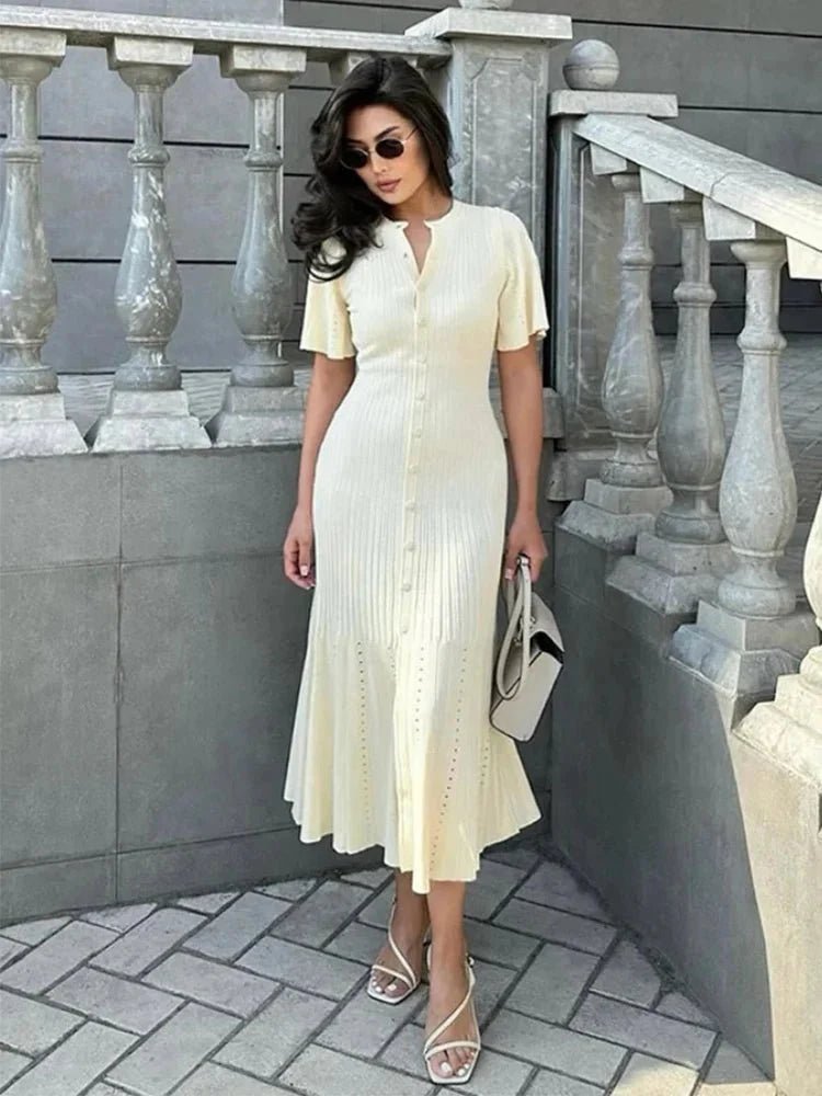 Bell Sleeve Pleated Knit Midi Dress – OLANE