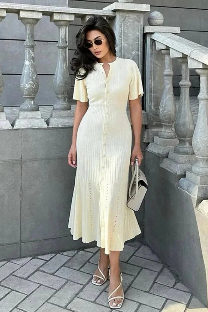 OLANE Bell Sleeve Pleated Knit Midi Dress BeigeSWomen's Dresses