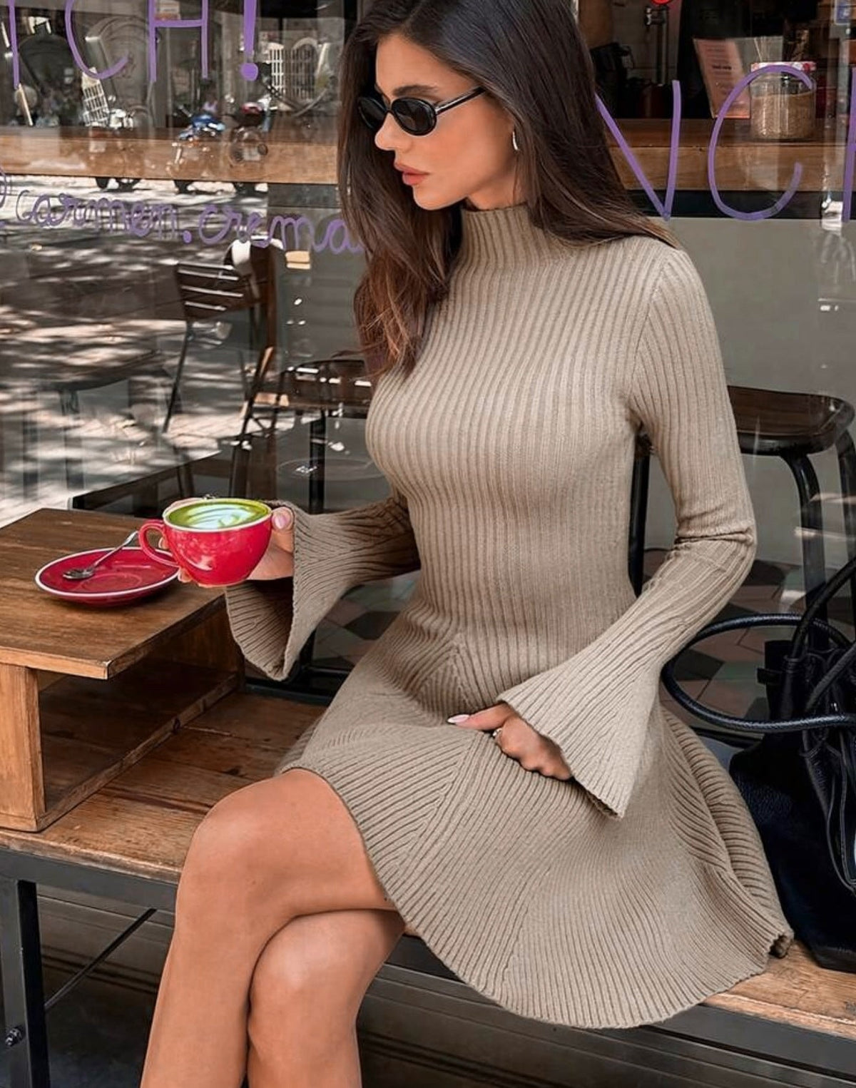 OLANE Bell Sleeve Ribbed Knit Sweater Dress BeigeXSDress