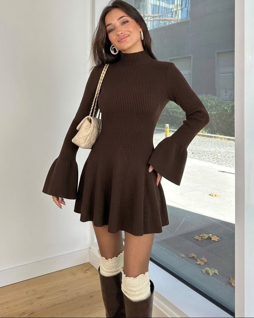 OLANE Bell Sleeve Ribbed Knit Sweater Dress BrownLDress
