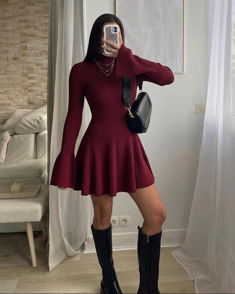 OLANE Bell Sleeve Ribbed Knit Sweater Dress WineSDress
