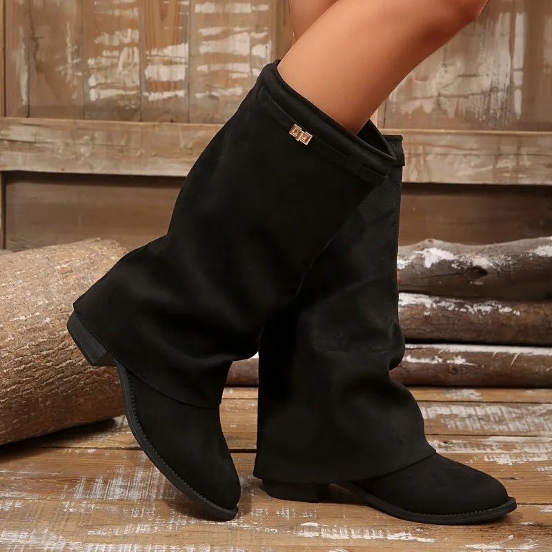 OLANE Belt Buckle Knee High Faux Suede Boots Beige36Shoes
