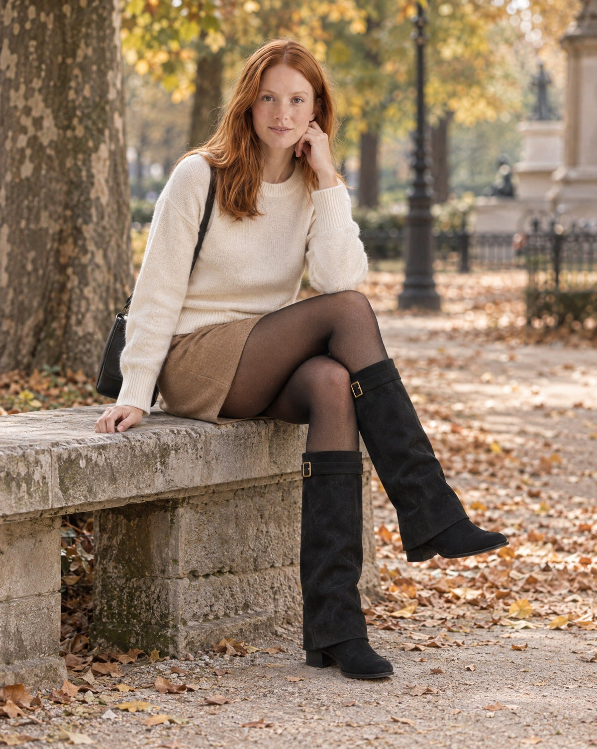 OLANE Belt Buckle Knee High Faux Suede Boots Black36Shoes
