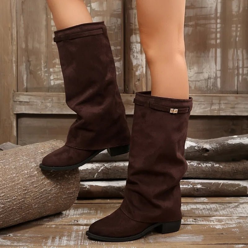 OLANE Belt Buckle Knee High Faux Suede Boots Deep Brown36Shoes