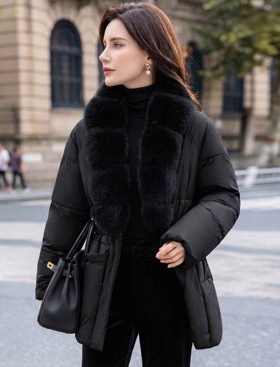 OLANE Belted Faux Fur Collar Quilted Parka BlackSCoat