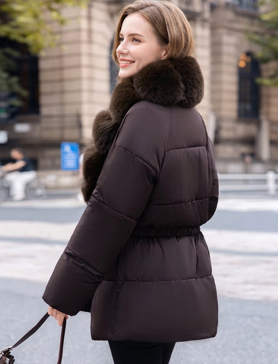 OLANE Belted Faux Fur Collar Quilted Parka BrownSCoat