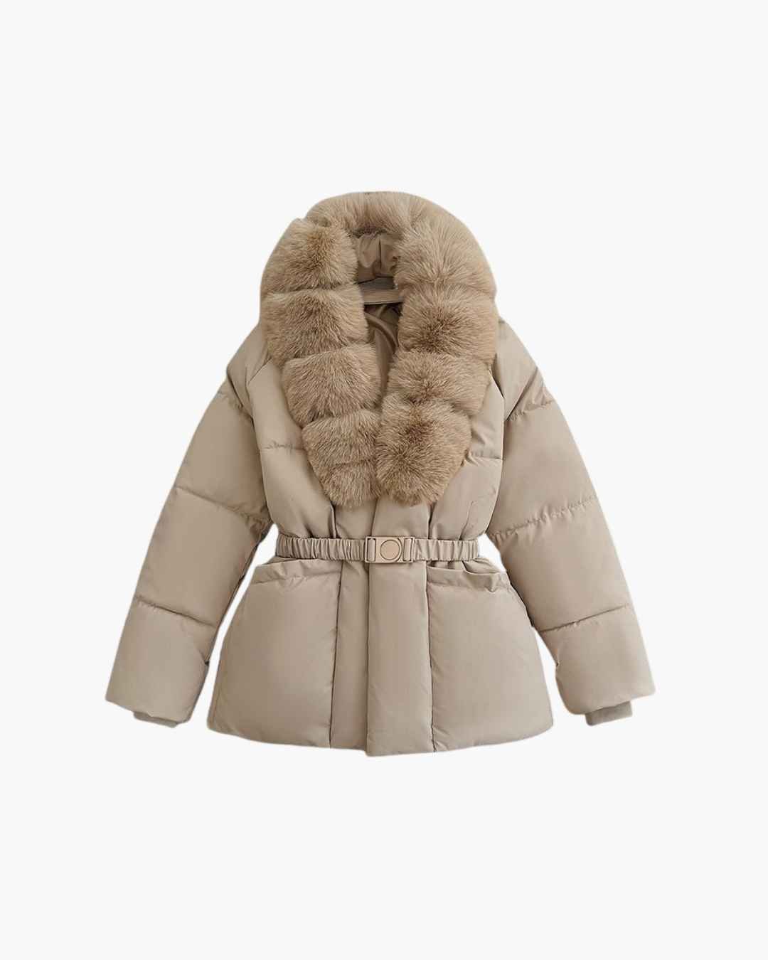 OLANE Belted Faux Fur Collar Quilted Parka BrownSCoat