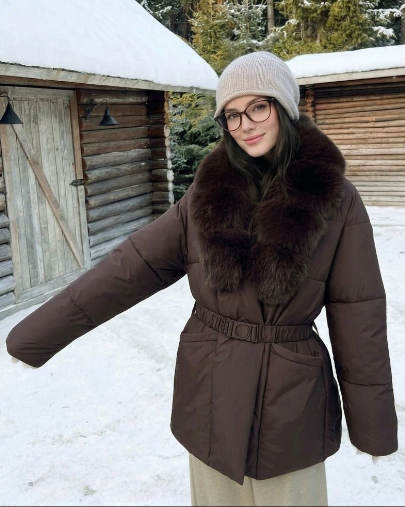 OLANE Belted Faux Fur Collar Quilted Parka BrownSCoat