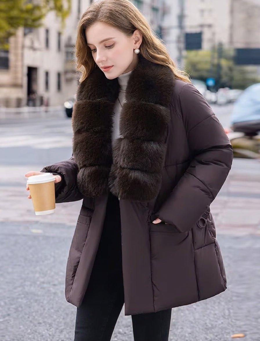 OLANE Belted Faux Fur Collar Quilted Parka BrownSCoat