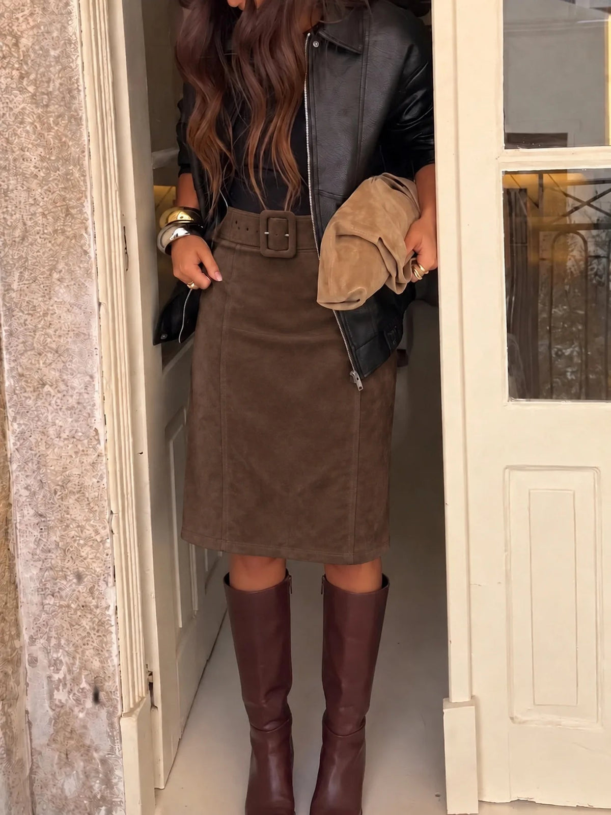 OLANE Belted Faux Suede Midi Skirt BrownLSkirt