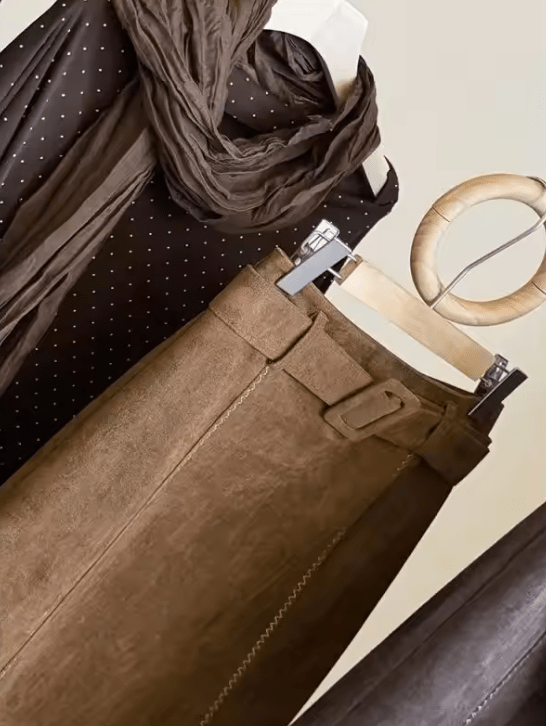 OLANE Belted Faux Suede Midi Skirt BrownMSkirt