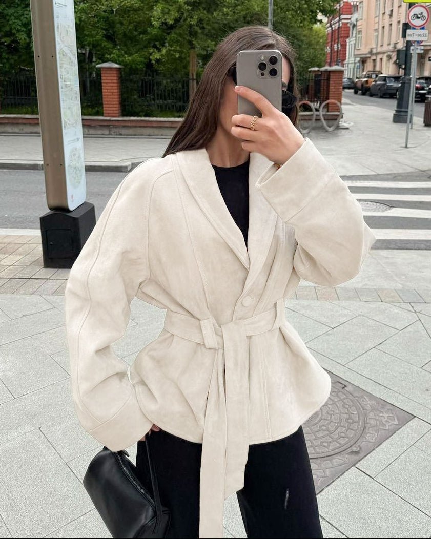 OLANE Belted Faux Suede Trench Coat BeigeMWomen's Coats & Jackets