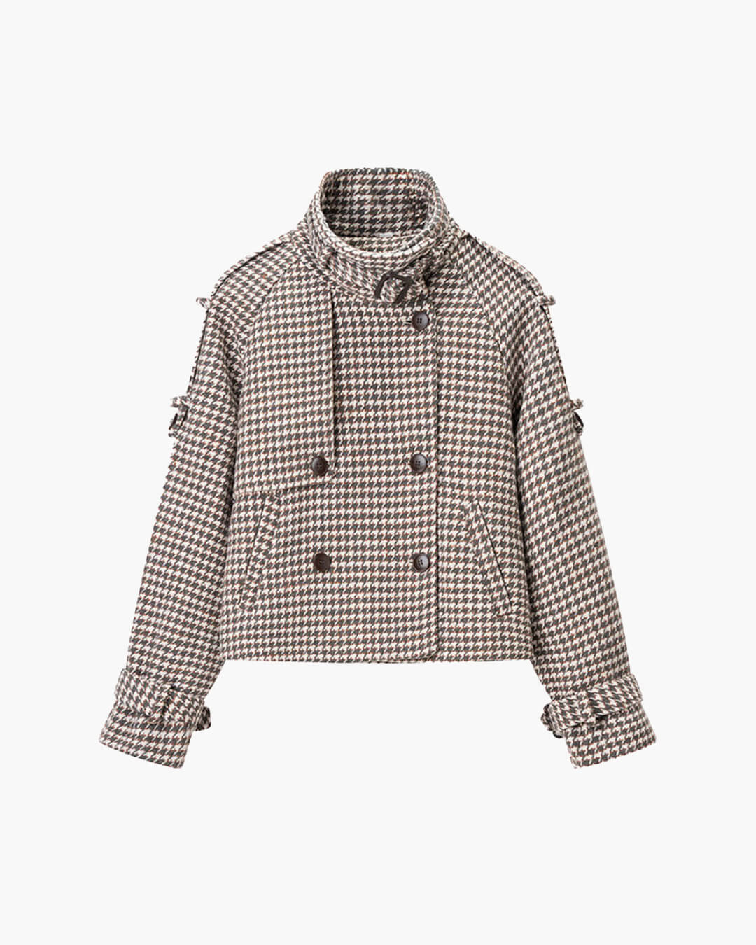 OLANE Belted Plaid Funnel Neck Coat BrownSWomen's Coats & Jackets