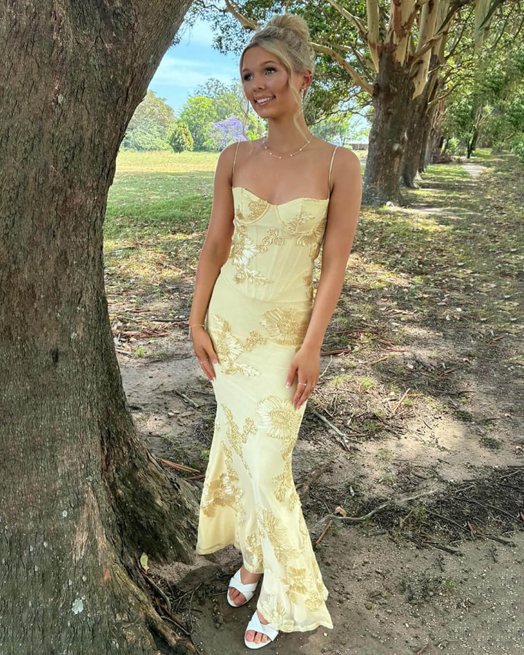 OLANE Bodycon Appliqué Tie-Back Evening Gown YellowXSWomen’s Dresses