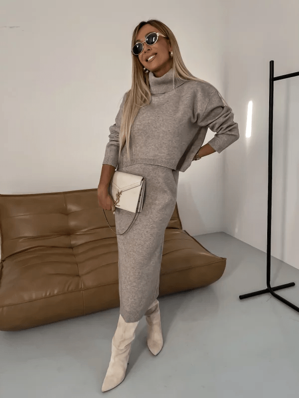 Olane Brand Cozy Midi Dress with Pullover Set BeigeSMidi Dresses