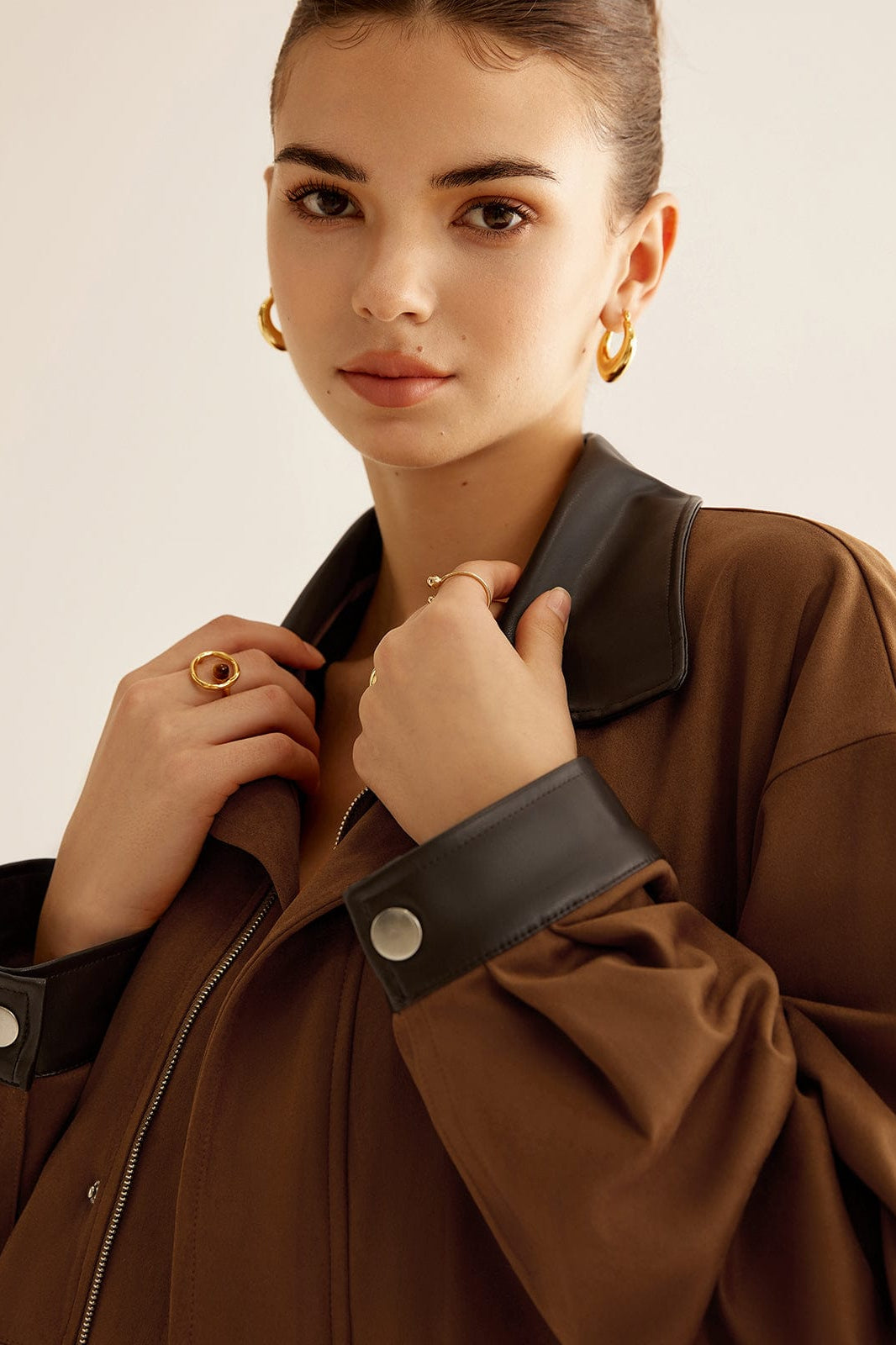 Olane Brand Oversized Jacket with Leather Accents BrownLWomen's Jackets
