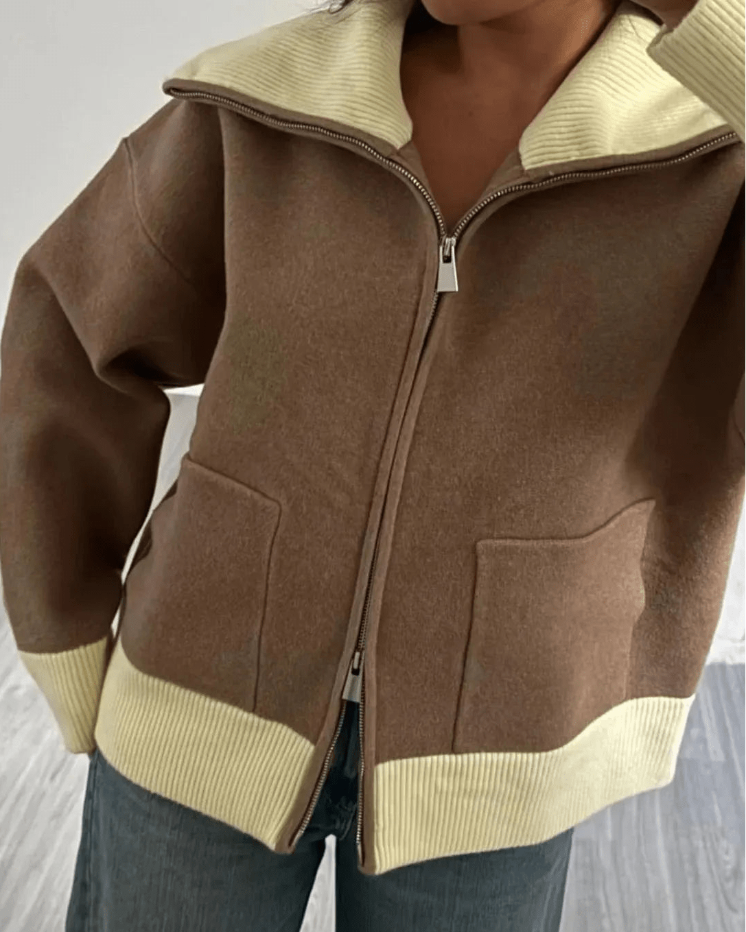 OLANE Casual Contrast Zip-Up Knit Cardigan MCardigan