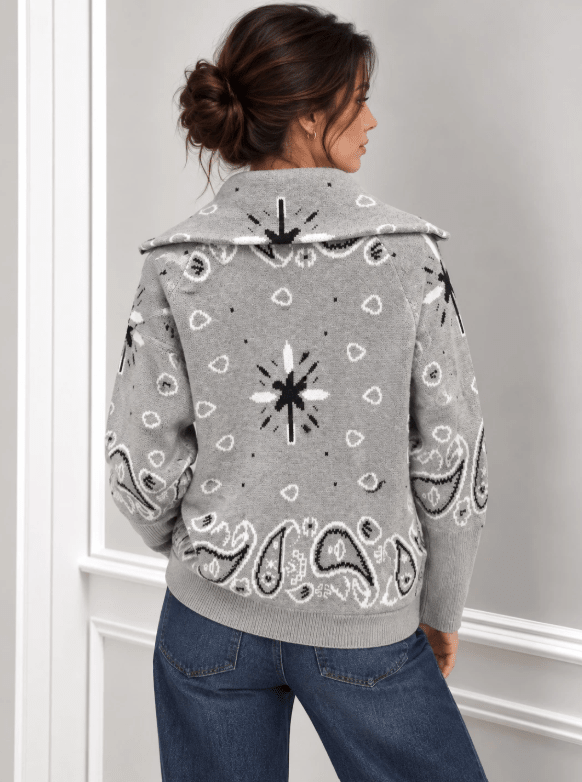 OLANE Casual Paisley Zip-Up Knit Jacket GreyMWomen's Coats & Jackets
