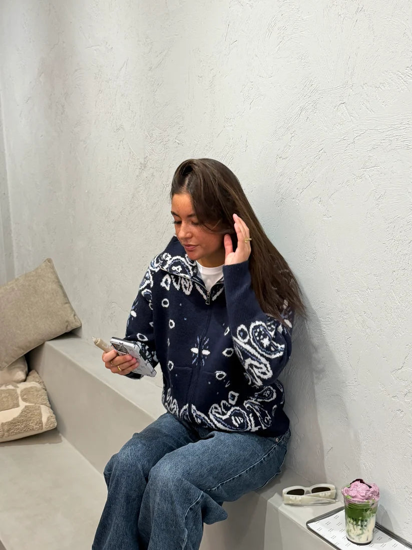 OLANE Casual Paisley Zip-Up Knit Jacket Navy BlueMWomen's Coats & Jackets