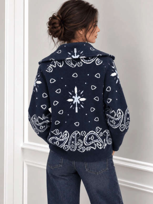 OLANE Casual Paisley Zip-Up Knit Jacket Navy BlueSWomen's Coats & Jackets