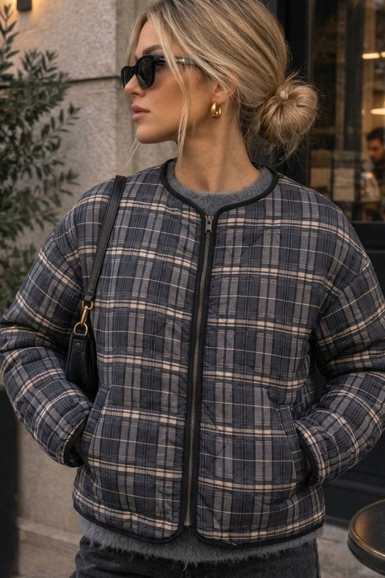 OLANE Casual Plaid Quilted Jacket Brown PlaidLJacket