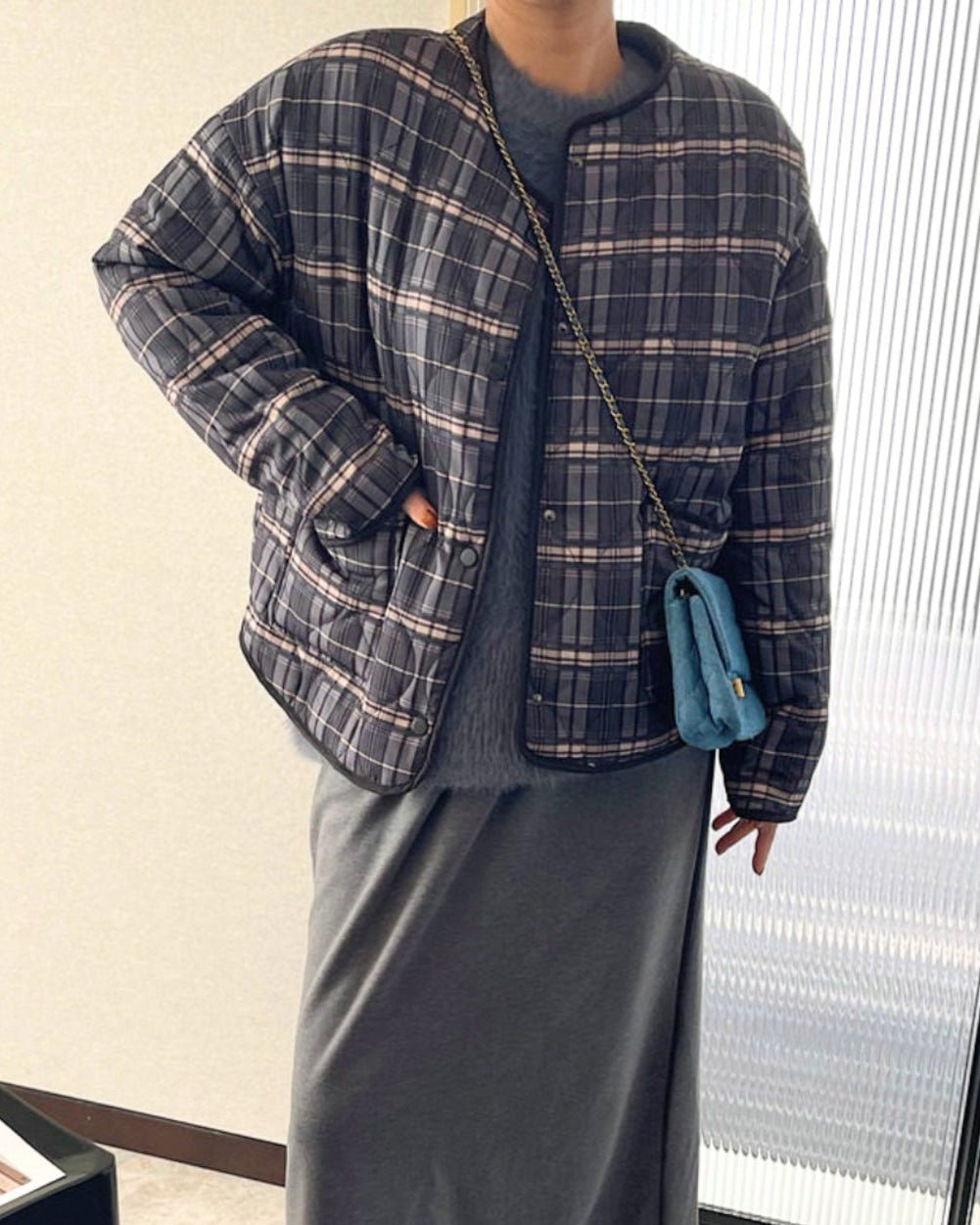 OLANE Casual Plaid Quilted Jacket Brown PlaidMJacket