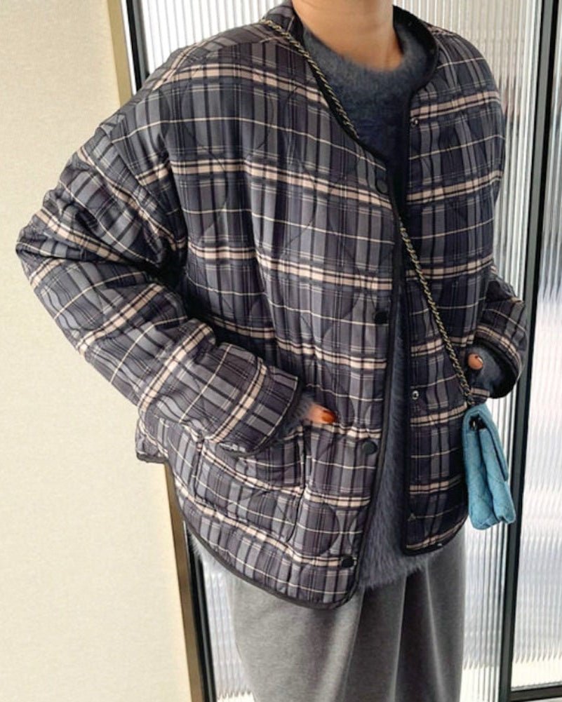 OLANE Casual Plaid Quilted Jacket Brown PlaidMJacket