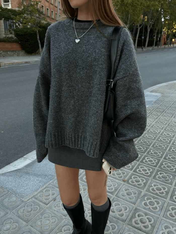 OLANE Casual Ribbed Knit Sweater GreyOne SizeWomen's Sweaters & Cardigans