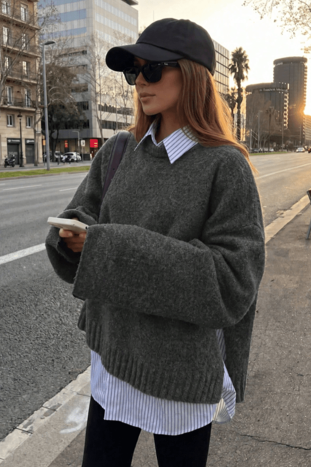 OLANE Casual Ribbed Knit Sweater GreyOne SizeWomen's Sweaters & Cardigans
