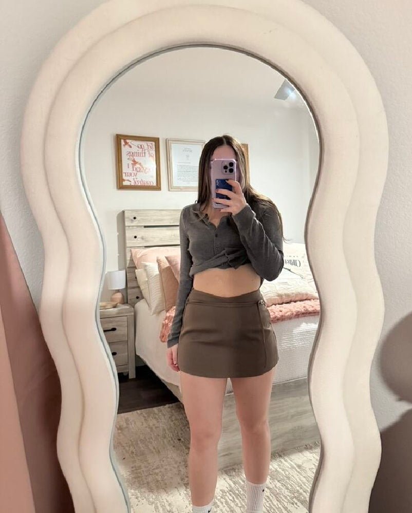 OLANE Casual Side Zip Mini Skort with Belt CoffeeXSShorts