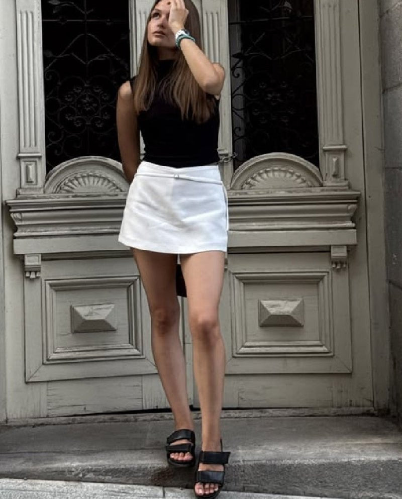 OLANE Casual Side Zip Mini Skort with Belt WhiteXSShorts