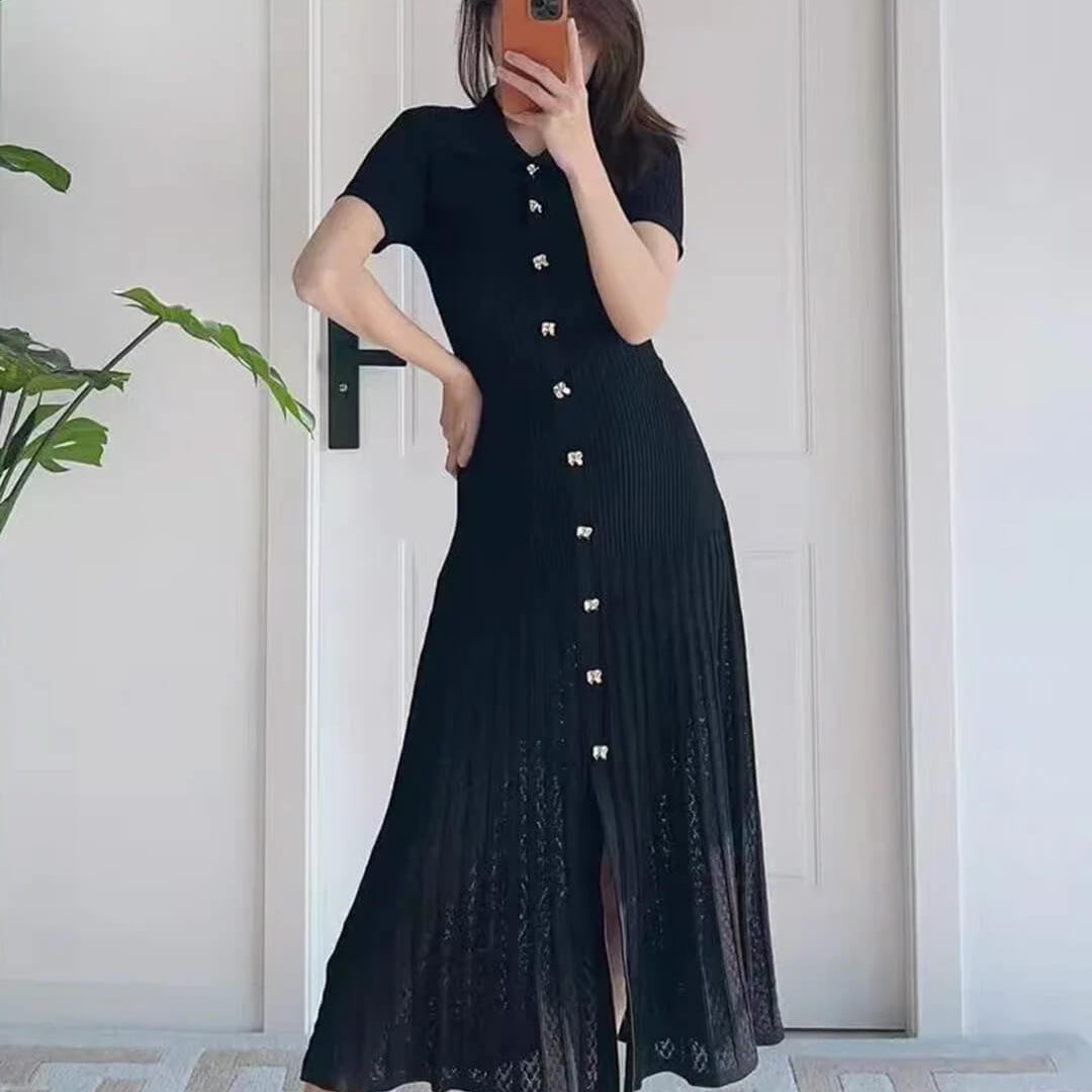 OLANE Casual Turn - Down Collar Knit Maxi Dress BlackWomen's Dresses