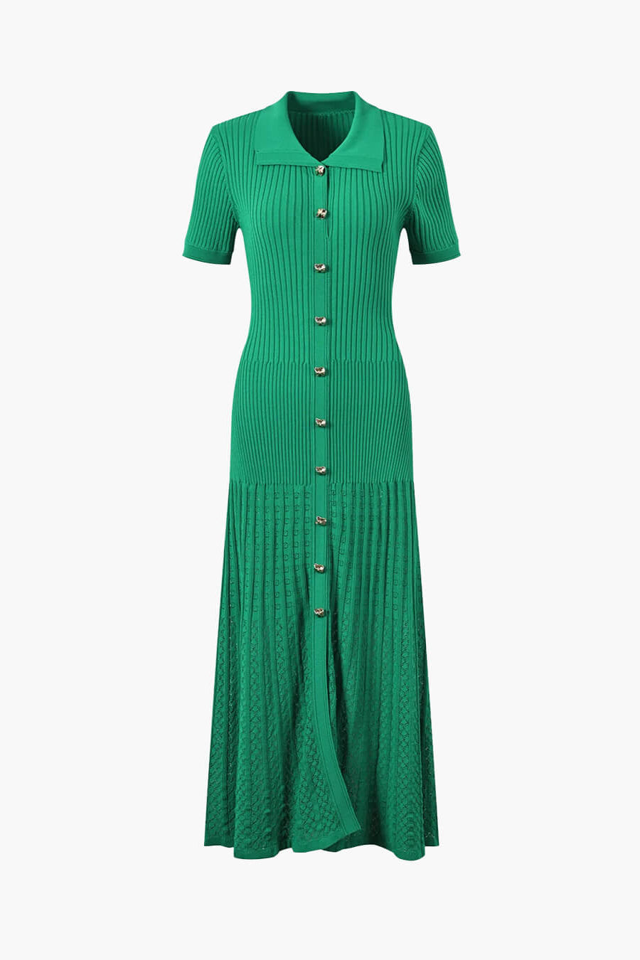 OLANE Casual Turn - Down Collar Knit Maxi Dress GreenWomen's Dresses
